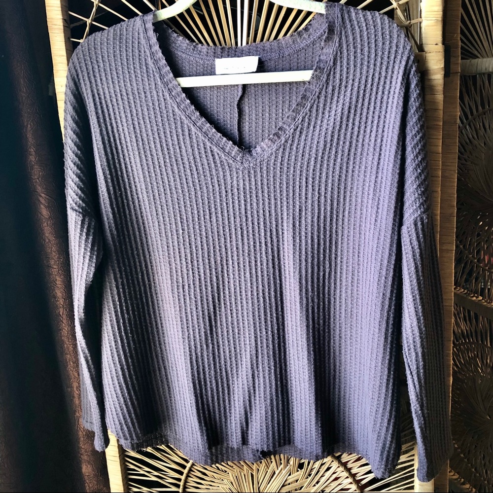 3/$20 IF YOU BE MY STAR Waffle Thermal Knit V Neck Long Sleeve Top Purple Small
